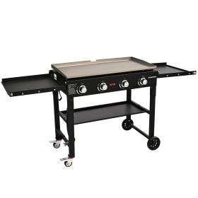 Commercial Griddle On Cart, 36' Heavy Duty Manual Flat Top Griddle, Outdoor Cooking Station With Side Shelves, Steel Natural Gas Griddle, 4-Burne (Option: Food Service)