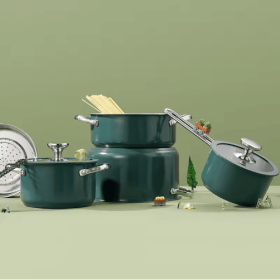4pcs Stainless Steel Ceramic Coated Pot Set, Including 1 Milk Pot, 2 Stockpots, 1 Non-stick Pan, 4 LIDS And 1 Steamer Green (Color: Green)