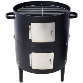 17 Inch Steel Charcoal Smoker, Heavy Duty Round Grill For Outdoor Cooking, Black (Color: Black)